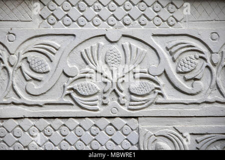 Detail of off-white pargeting decoration on a house in Prades, Languedoc-Roussillon, Pyrénées-Orientales, France Stock Photo