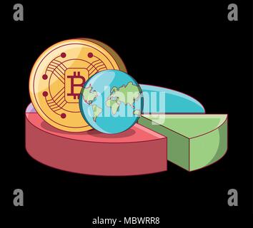 bitcoin coin and earth planet on pie chart over black background, colorful design. vector illustration Stock Vector