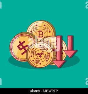 cryptocoins and financial arrows over turquoise background, colorful design. vector illustration Stock Vector