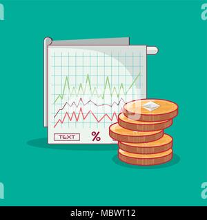 graphic chart and euthereum coins over turquoise background, colorful design. vector illustration Stock Vector
