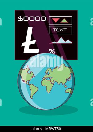 litecoin stock market and earth planet over turquoise background, colorful design. vector illustration Stock Vector