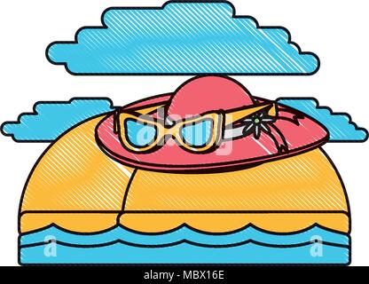 beach with sunglasses and hat over white background, colorful design. vector illustration Stock Vector