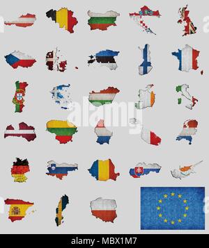 Collection of maps and flags of the European union countries - Illustration, Mosaic map with flag inside,  Flags all European union countries vector i Stock Vector