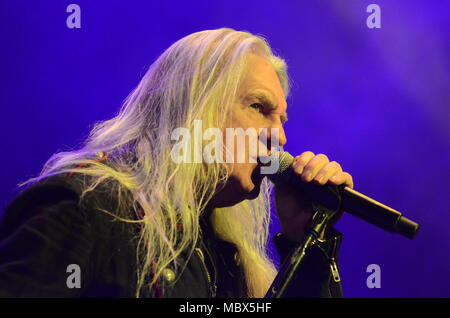 Green Bay, Wisconsin, USA. 5th Apr, 2018. Lead singer Biff Byford of the band Saxon performs at the Resch Center in Green Bay, Wisconsin. Ricky Bassman/CSM/Alamy Live News Stock Photo