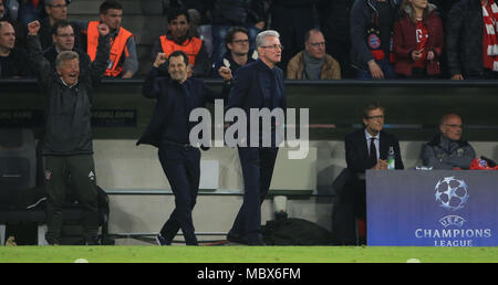 Munich, Germany. 11th Apr, 2018. Bayern Munich's head coach Jupp Heynckes (C) reacts after the UEFA Champions League quarterfinal second leg soccer match between Bayern Munich of Germany and FC Sevilla of Spain in Munich, Germany, on April 11, 2018. The match ended 0-0 and Bayern Munich advanced to the semifinal with 2-1 on aggregate. Credit: Philippe Ruiz/Xinhua/Alamy Live News Stock Photo