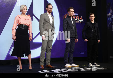 12th Apr, 2018. 'Avengers' actors Four main cast members of the new movie 'Avengers: Infinity War' pose during a press conference in Seoul on April 12, 2018. From left are Pom Klementieff, Tom Hiddleston, Benedict Cumberbatch and Tom Holland. The third movie in the 'Avengers' series is slated to open in South Korea on April 25. Credit: Yonhap/Newcom/Alamy Live News