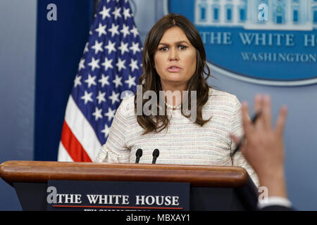 Washington, USA. 11th Apr, 2018. White House Press Secretary Sarah Huckabee Sanders takes questions from reporters during the White House daily press briefing at the White House in Washington, DC on April 11, 2018. Credit: Alex Edelman/CNP - NO WIRE SERVICE - Credit: Alex Edelman/Consolidated/dpa/Alamy Live News Stock Photo