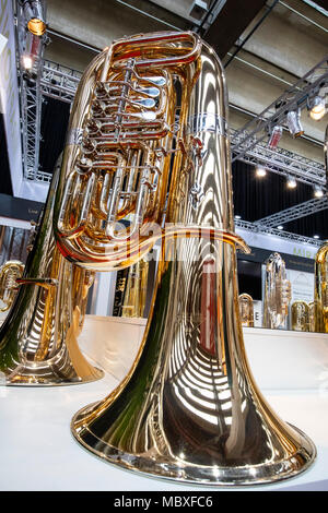 Frankfurt/Main, Germany. 11th April, 2018. Tubas of manufacturer Miraphone, Musikmesse Frankfurt, trade fair for musical instruments, sheet music, music production and marketing. Credit: Christian Lademann Stock Photo