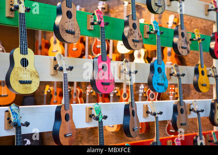 Frankfurt/Main, Germany. 11th April, 2018. Ukuleles of Italian manufacturer Aquila Corde Armoniche, Musikmesse Frankfurt, trade fair for musical instruments, sheet music, music production and marketing. Credit: Christian Lademann Stock Photo