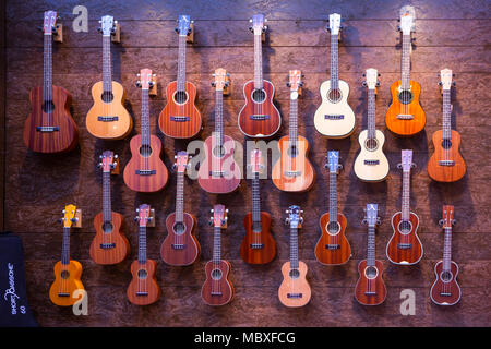 Frankfurt/Main, Germany. 11th April, 2018. Ukuleles of Italian manufacturer Aquila Corde Armoniche, Musikmesse Frankfurt, trade fair for musical instruments, sheet music, music production and marketing. Credit: Christian Lademann Stock Photo