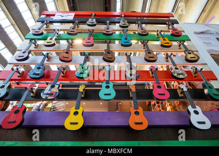 Frankfurt/Main, Germany. 11th April, 2018. Ukuleles of Italian manufacturer Aquila Corde Armoniche, Musikmesse Frankfurt, trade fair for musical instruments, sheet music, music production and marketing. Credit: Christian Lademann Stock Photo