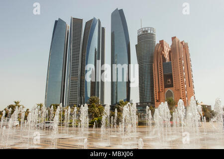 View of fountains and skyscrapers. Abu Dhabi. United Arab Emirates. Stock Photo