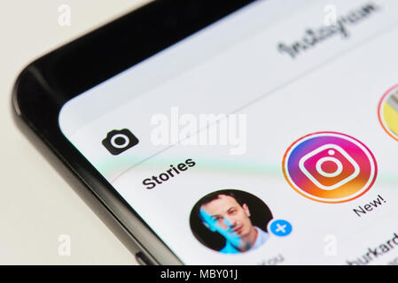 New york, USA - April 11, 2018: Adding new story on instagram app close-up view of smartphone screen