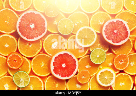 Citrus fruits background (orange, lemon, grapefruit, mandarin, lime). Food frame, vitamin concept, copy space, banner Stock Photo