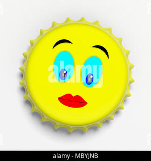 Female emoticon on a yellow metal beer cap isolated on white background, top view. 3d illustration Stock Photo