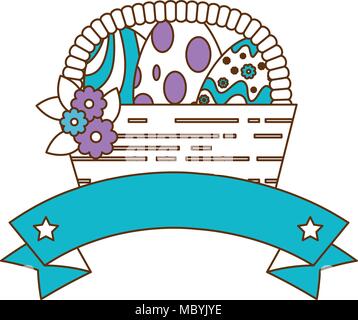painted easter eggs in basket with ribbon celebration Stock Vector