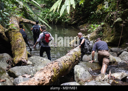 Members of the 346th Air Expeditionary Group hike through a river in the Darien National Park, Panama, April 2, 2018, during exercise New Horizons 2018. Following the hike, 346th AEG members spoke to local village members about the assistance that New Horizons 2018 will bring to the communities throughout the region. Exercise New Horizons is a joint training exercise where all branches of the U.S. military conduct training in civil engineer, medical and support services while benefiting the local community. Stock Photo