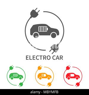 Icons of electric cars, vector. Side view of the electric vehicle. The indication of the battery level in the electric car Stock Vector