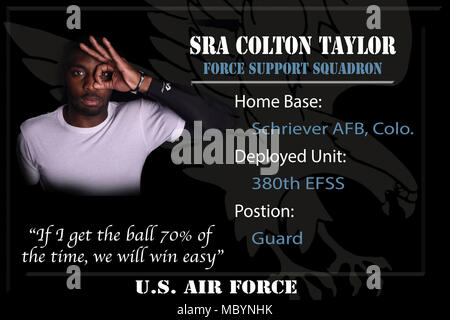U.S. Air Force Senior Airman Colton Taylor, recreational specialist, assigned to the 380th Expeditionary Force Support Squadron, Al Dhafra Air Base, United Arab Emirates participated in the ADAB Army vs Air Force All-Star basketball March 31, 2018. Taylor is deployed from 310th Force Support Squadron, Schriever Air Force Base, Colo. Stock Photo