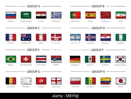 Soccer cup team group set . Realistic wavy national flags . Vector for international world championship tournament 2018 . Stock Vector
