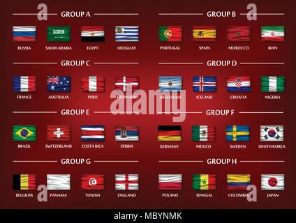 Soccer cup team group set . Realistic wavy national flags on gradient red color background . Vector for international world championship tournament 20 Stock Vector