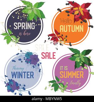 set of 4 seasons vector frames decorated with grapes leaves and roses in suitable color combinations and appropriate text Stock Vector
