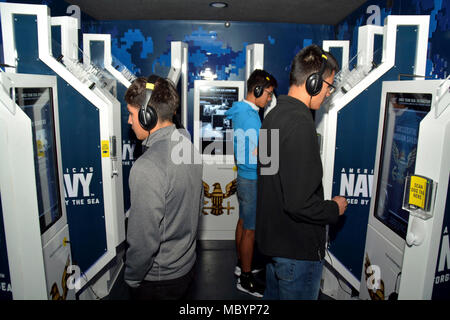 WACO, Texas – (April 4, 2018) Students attending University High School complete the mission debriefing of the Navy’s Virtual Reality Experience, the “Nimitz”, at the school during Waco Navy Week. The experience consisted of students going through a series of exercises, starting with a briefing, before participating in a virtual high-speed water extraction of a Navy SEAL team pinned down under enemy fire.  Navy Week brings Sailors from different units across the United States to conduct focused outreach events with members of the community in conjunction with the Heart of Texas Airshow featuri Stock Photo