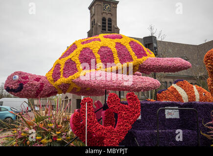 Noordwijkerhout, Netherlands - April 21,  2017: Platform with  tulips and hyacinths during the traditional flowers parade Bloemencorso from Noordwijk  Stock Photo