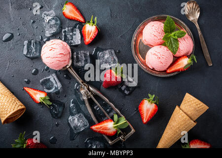 Flat lay with strawberry ice cream Stock Photo