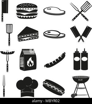 Black white bbq outdoors 16 element silhouette set Stock Vector