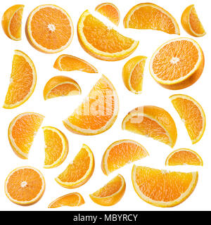 Set of ripe orange fruit and orange slices isolated on white. Stock Photo
