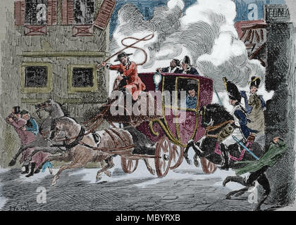 Attempt on the life of 1st Consul Napoleon Bonaparte in St-Nicaise street, or Machine infernale plot, Paris, 24 December 1800. Stock Photo
