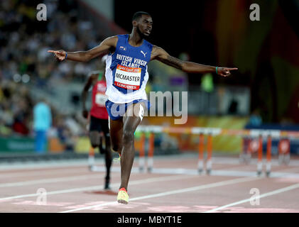 British Virgin Islands' Kyron McMaster celebrates victory in the Men's 400m Hurdles Final at the Carrara Stadium during day eight of the 2018 Commonwealth Games in the Gold Coast, Australia. Stock Photo