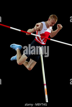 England's Adam Hague competes in the Men's Pole Vault Final at the Carrara Stadium during day eight of the 2018 Commonwealth Games in the Gold Coast, Australia. Stock Photo