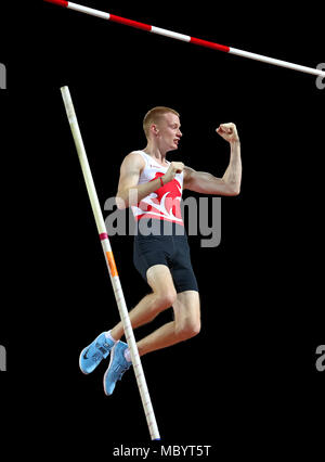 England's Adam Hague competes in the Men's Pole Vault Final at the Carrara Stadium during day eight of the 2018 Commonwealth Games in the Gold Coast, Australia. Stock Photo
