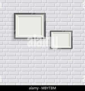 Black realistic picture frame on white painted brick wall seamless pattern vector background. Modern photo frame and text to your design projects. Stock Vector