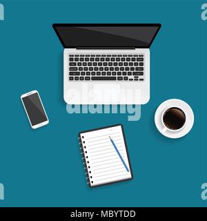 Laptop with blank screen, smartphone, cup of coffee and office stationery on the wooden table. Workplace of businessman. Stock vector illustration. Stock Vector