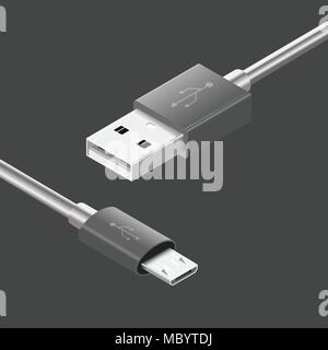 USB Micro cables isolated on white background. Connectors and sockets for PC and mobile devices. Computer peripherals connector or smartphone recharge Stock Vector