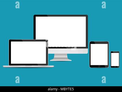 Mockup gadget and device: smartphones, tablets, laptops and computer monitors black color with blank screen isolated on background. stock vector Stock Vector