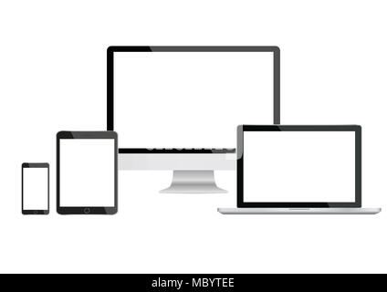 Mockup gadget and device: smartphones, tablets, laptops and computer monitors black color with blank screen isolated on background. stock vector Stock Vector