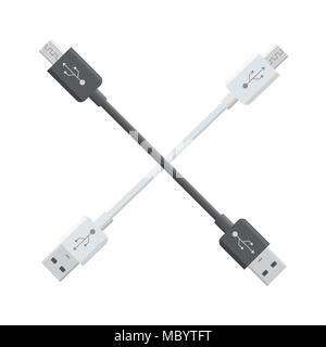 USB Micro cables isolated on white background. Connectors and sockets for PC and mobile devices. Computer peripherals connector or smartphone recharge Stock Vector
