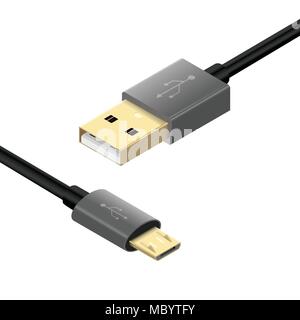 USB Micro cables isolated on white background. Connectors and sockets for PC and mobile devices. Computer peripherals connector or smartphone recharge Stock Vector