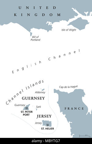 Channel Islands political map. Crown dependencies Bailiwick of Guernsey and Bailiwick of Jersey with capitals. Archipelago off the french coast. Stock Photo