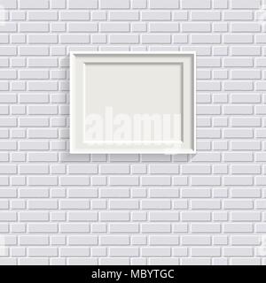 White realistic picture frame on white painted brick wall seamless pattern vector background. Modern photo frame and text to your design projects. Lay Stock Vector