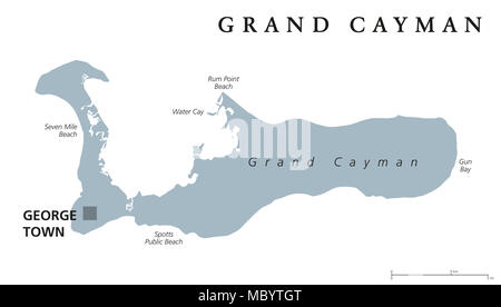 Grand Cayman political map with capital George Town. Largest of the Cayman Islands. British Overseas Territory in western Caribbean Sea. Stock Photo