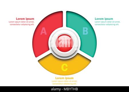 Three topics colorful chart in paper cut style with marble circle in center for website presentation cover poster vector design infographic Stock Vector