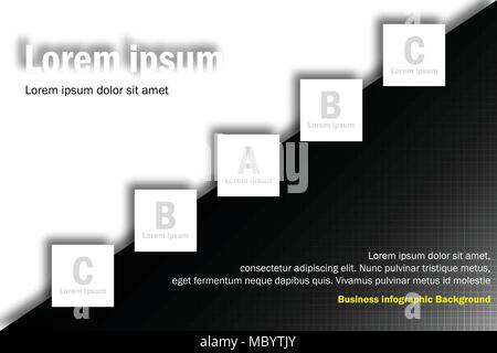 Business infographics presentation with white 5 square topics from left to right on black and white background for vector graphic idea design concept Stock Vector