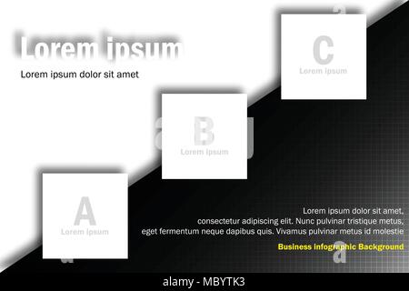 Business infographics presentation with white 3 square topics from left to right on black and white background for vector graphic idea design concept Stock Vector