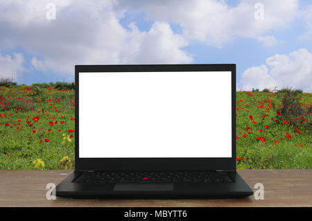 Image of outdoors with open laptop and empty white screen for copy space Stock Photo
