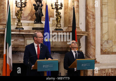 Simon Coveney, Ireland's Tanaiste (Deputy Prime Minister) and Minister for Foreign Affairs & Trade (left) and Heiko Maas, the German Federal Minister for Foreign Affairs, during a press conference following official talks at Iveagh House in Dublin. Picture date: Thursday April 12, 2018. See PA story POLITICS Brexit. Photo credit should read: Brian Lawless/PA Wire Stock Photo